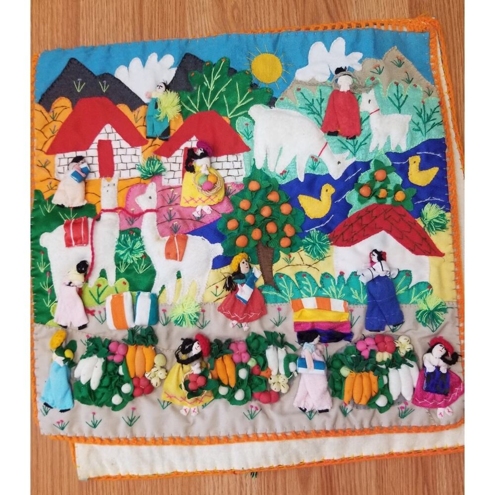Vintage Arpillera Folk Art 3D Wall Hanging Seat Covering Peruvian Set Handmade